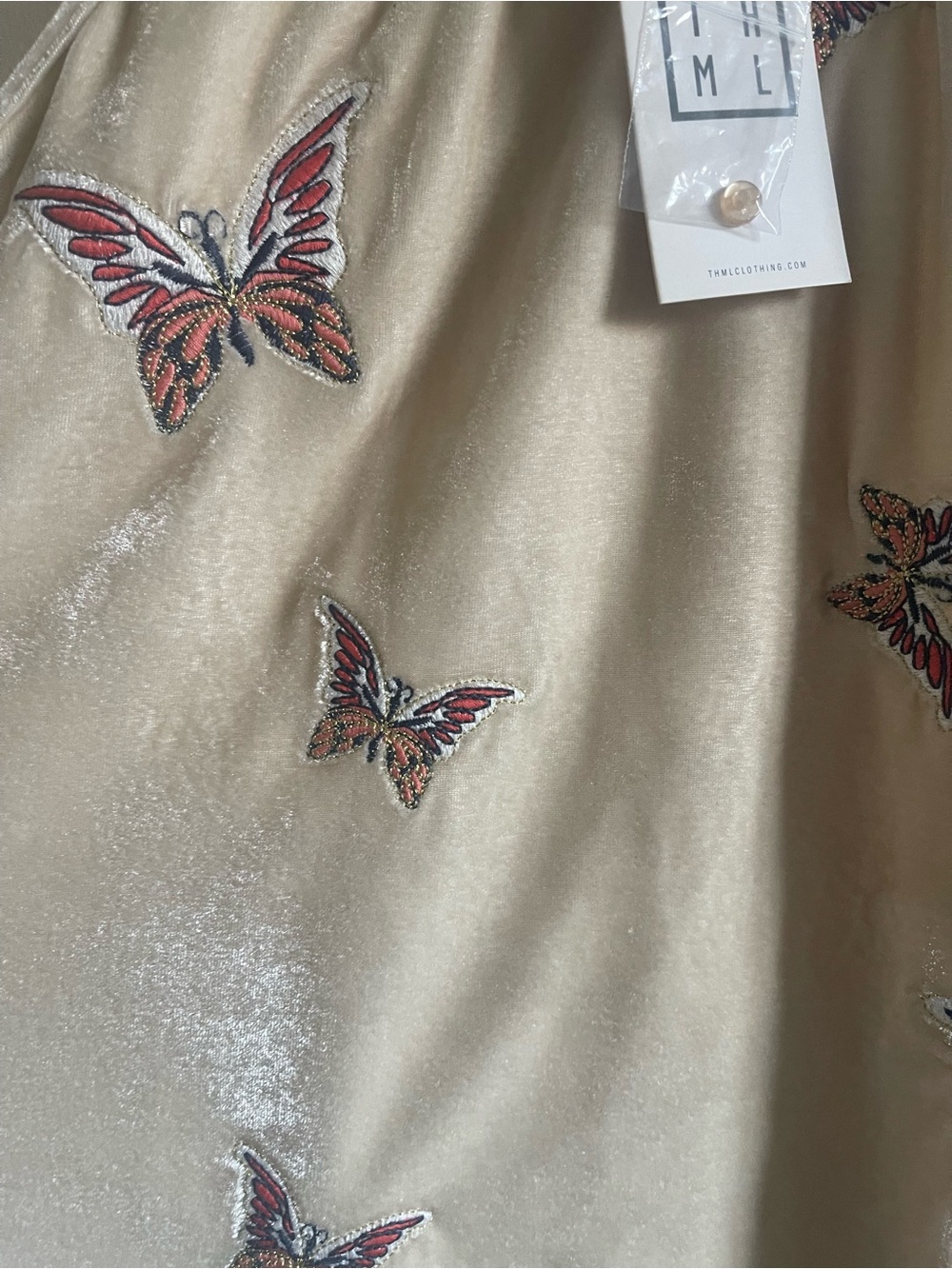 THML Beige Velvet Halter Tank with Red & Orange Butterfly Embroidery - Picture 4 of 6